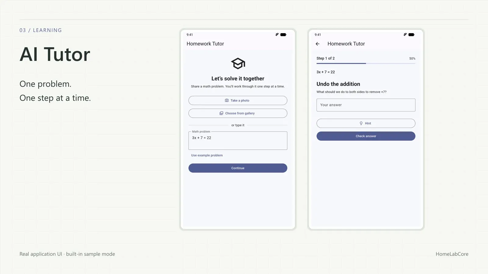 AI Tutor: voer een wiskundesom in de echte app in; ingebouwd voorbeeld getoond.