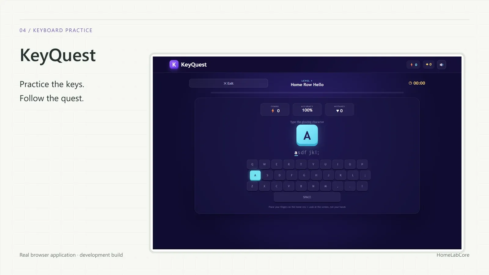 KeyQuest: de eerste typopdracht met de gemarkeerde doeltoets.