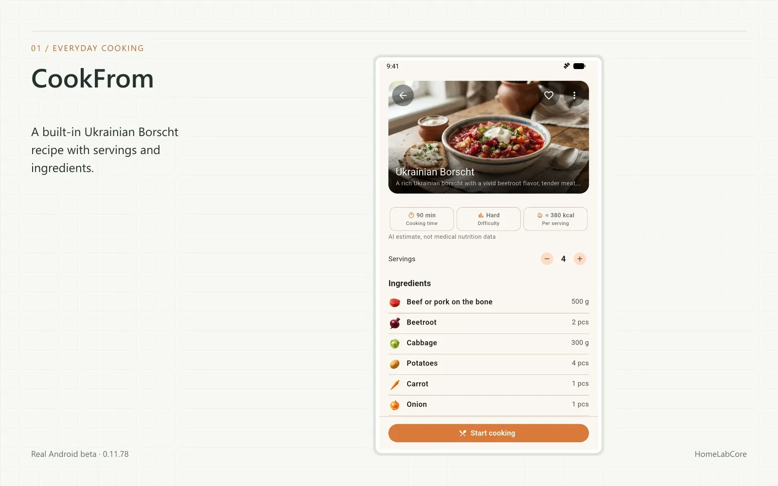 Een ingebouwd recept voor Oekraïense borsjt met porties en ingrediënten.