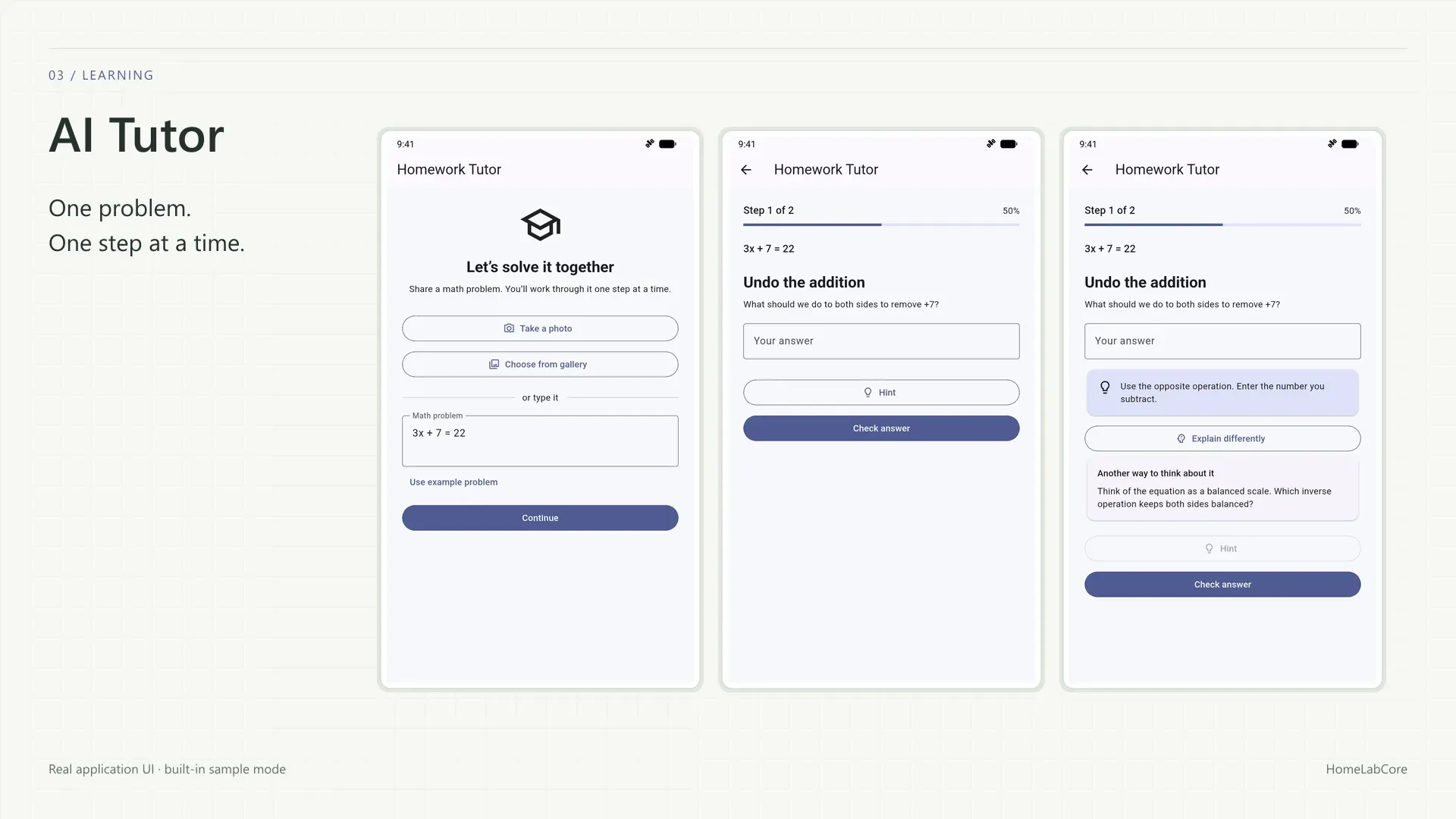 AI Tutor: актуальні екрани застосунку. Справжній інтерфейс · вбудований демо-режим.