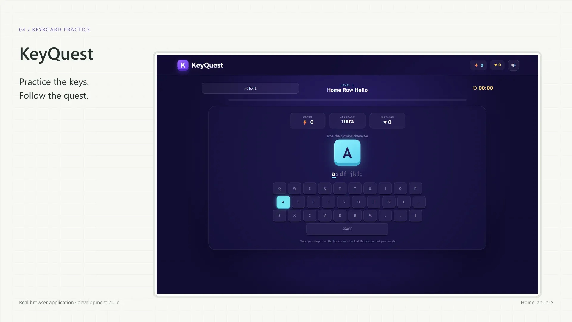 KeyQuest: actuele app-schermen. Echte browserapp · ontwikkelversie.