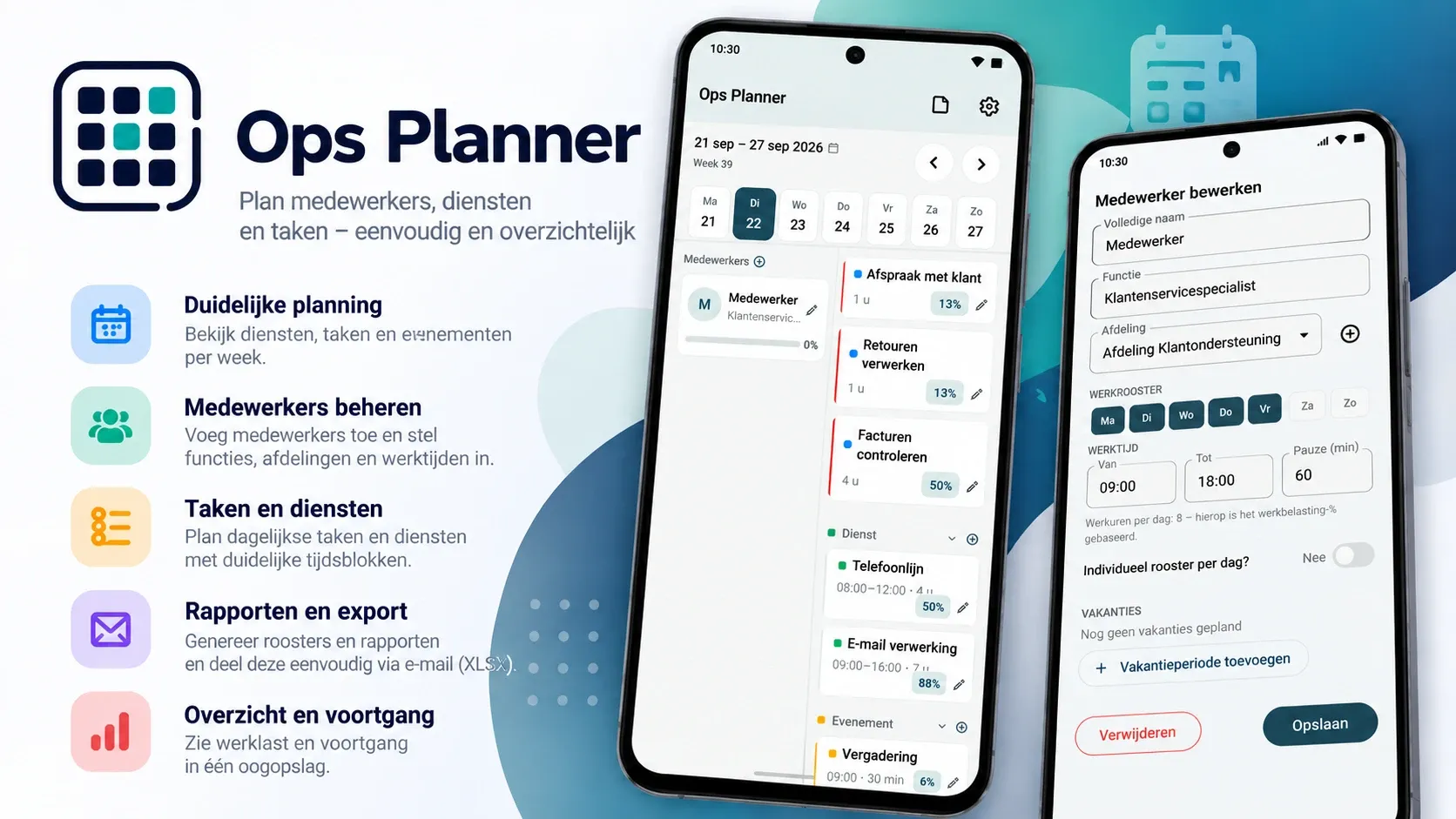 Рекламний банер Ops Planner нідерландською: логотип Ops Planner, п'ять функцій — зрозуміле планування, керування працівниками, завдання й зміни, звіти та експорт, огляд і прогрес — і два телефони з тижневим планувальником та редактором працівника.