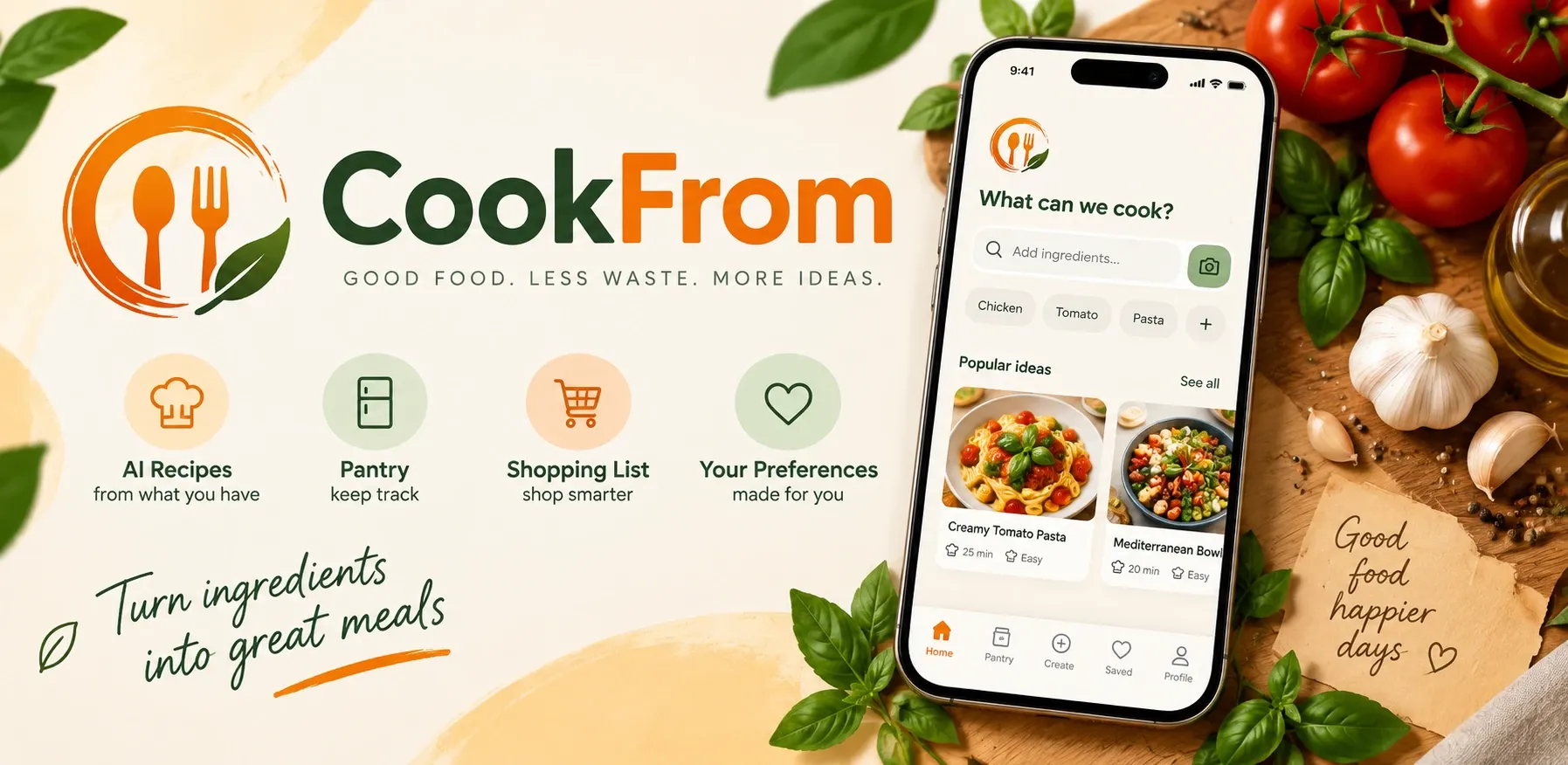 Рекламний банер CookFrom: логотип CookFrom зі слоганом “Good food. Less waste. More ideas.”, чотири функції — AI-рецепти з того, що є, комора, список покупок і вподобання — та телефон з екраном пошуку інгредієнтів поруч зі свіжими помідорами, базиліком і часником.