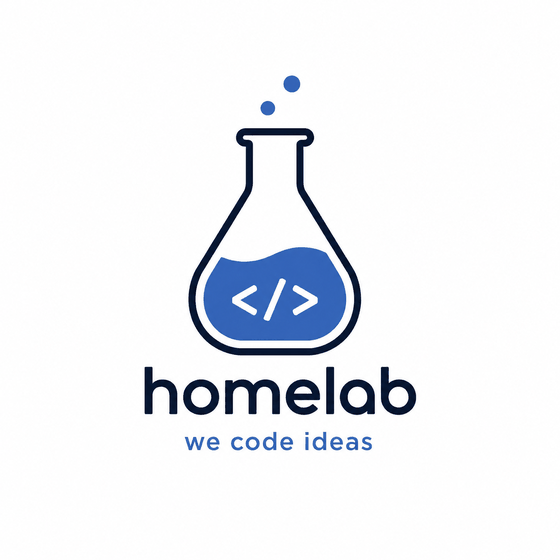 HomeLab logo: a laboratory flask with a code symbol, above the wordmark homelab and the tagline we code ideas